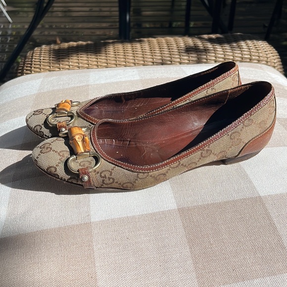 Gucci Logo Canvas Bamboo Horsebit Brown Ballet Flats - Picture 3 of 6